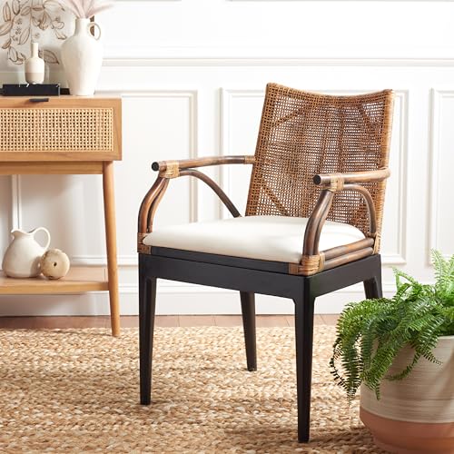 SAFAVIEH Home Collection - Gianni Brown & Black Solid Wood Rattan Arm Chair, Tropical Coastal Accent Seating for Living Ro...