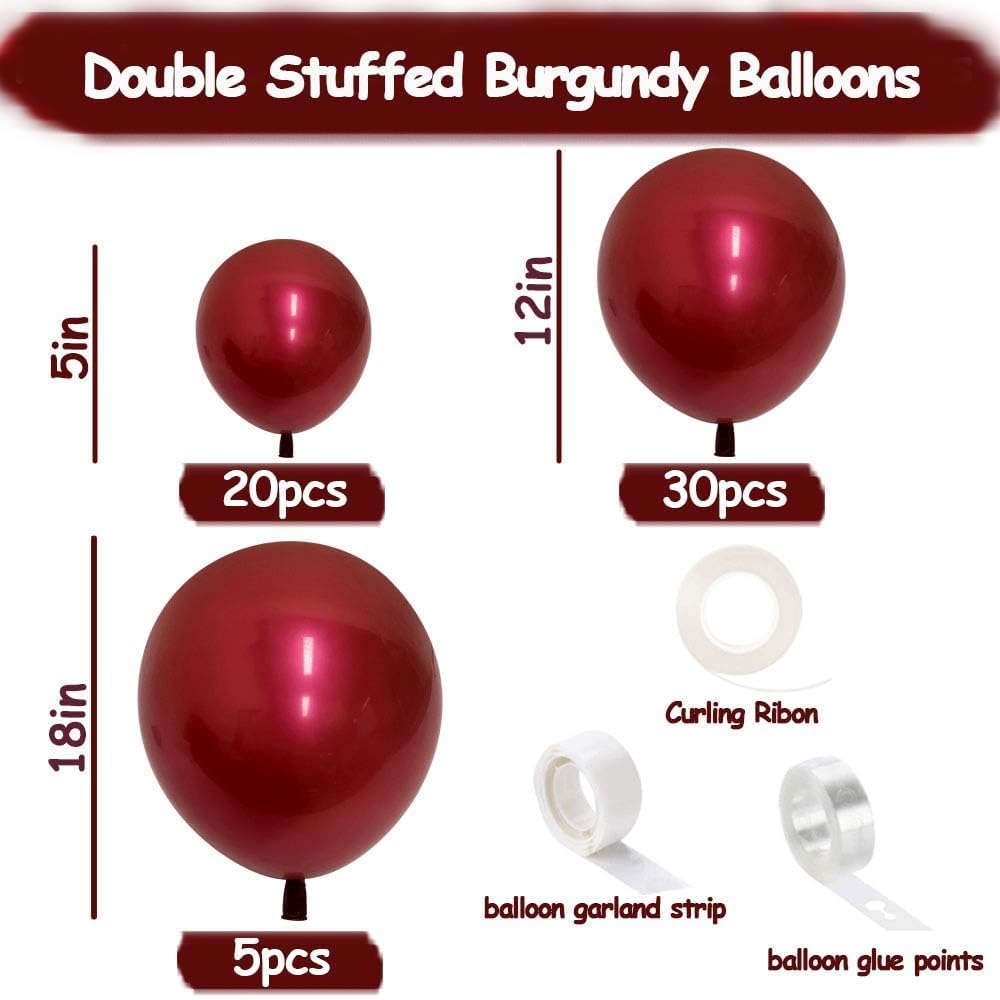 Burgundy Balloons Double Stuffed Maroon Balloon Garland Different Sizes 18/12/5in Wine Red Balloons Ruby Red Balloon Arch Kit for Birthday Mother Day Baby Shower Wedding Party Decorations.
