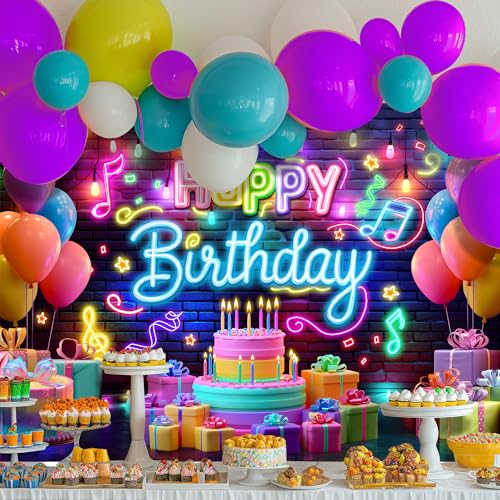 Imirell Neon Happy Birthday Backdrop 7Wx5H Feet Music Party Graffiti Splash Paint Colorful Notes Lights Brick Wall Polyest...