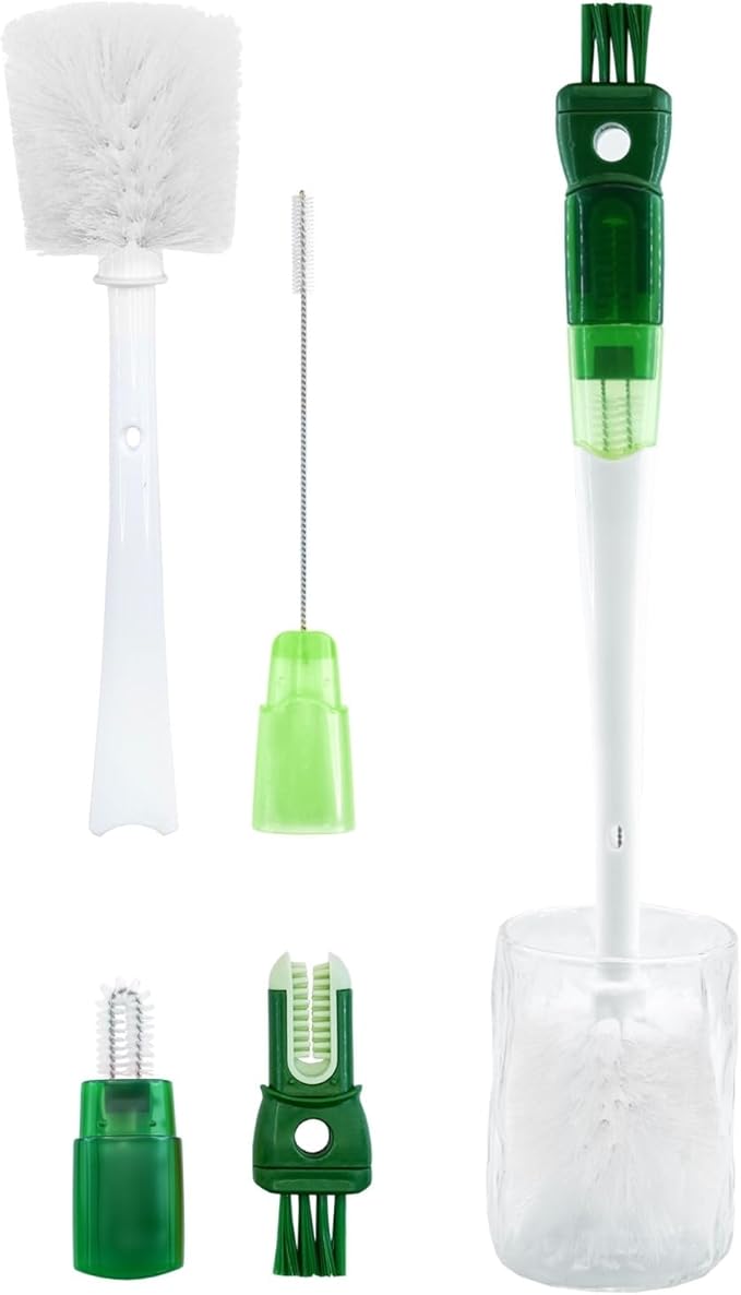 Five-in-one Bottle Brush Set (1Pc Green), Long Handle Bottle Cleaning Brush Straw Brush Nipple Brush Hard-Corner Brush for Sports Water Bottles Caps Mugs Glasswares Tumblers Wine Decanters