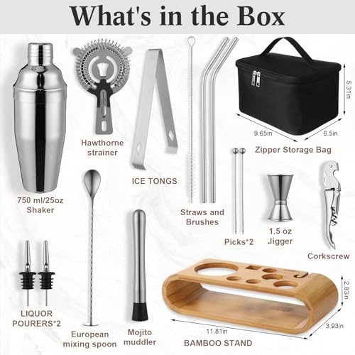 Widecook Bartender Kit Bag with Stand Portable Cocktail Shaker Set, 17 Pcs 25oz Stainless Steel Barware Kit with Jigger, S...