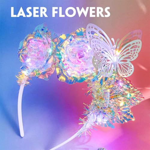 Aceorna Light Up Laser Flower Headbands LED Butterfly Hair Bands Glitter Rave Costume Hair Accessories for Women