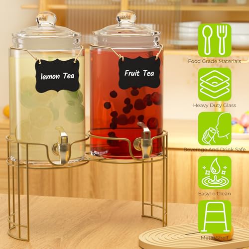 Glass Drink Dispensers For Parties, 2 PACK 1 Gallon Beverage Dispenser With Lids, Gold Metal Stand And Spigot 100% Leak pr...