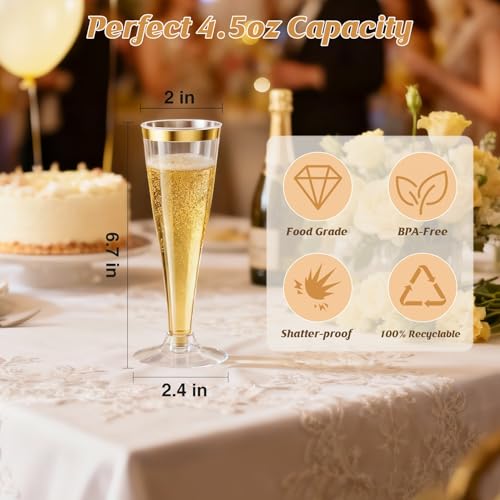 Torchero 20 Pack Champagne Flutes Plastic Wine Glasses Disposable, 4.5 Oz Gold Rim Mimosa Glasses for 2026 Engagement Wedd...