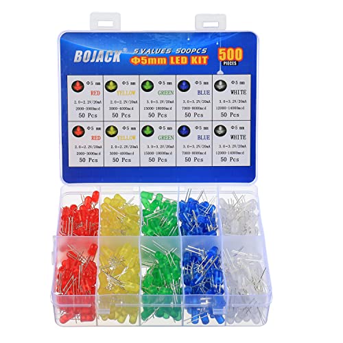 BOJACK 5 Colors 500 pcs 5mm LED Diode Lights Assored Kit Pack Bright Lighting Bulb Lamps Electronics Components 5 mm Light...