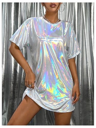 Floerns Women's Metallic Short Sleeve Tee Shirt Dress Holographic Disco Dress