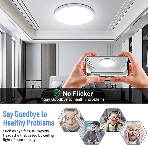 SunRider LED Flush Mount Ceiling Light Fixture, 5000K Daylight White, 2400LM, 12 Inch 24W White Round Flat Bedroom Lights,...