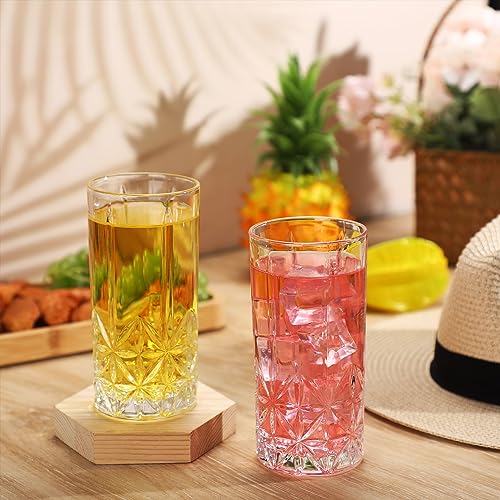 Uiifan Set of 12 Tall Highball Glasses 12 oz Crystal Drinking Glasses Clear Fancy Cups Vintage Textured Designer Glassware...