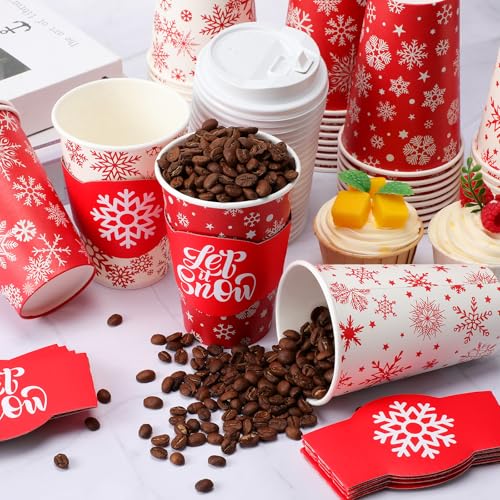 Potchen 24 Sets 12oz Winter Snowflake Coffee Cups with Lids and Sleeves Red Christmas Snowflake Paper Drinking Cups For Xm...