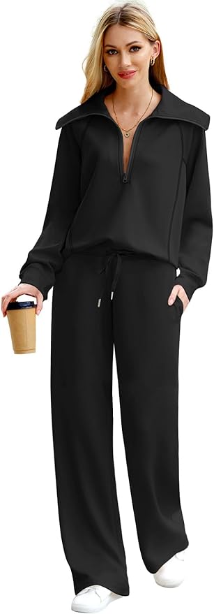 XIEERDUO Lounge Sets For Women 2025 Half Zip Sweatshirt And Wide Leg Sweatpant 2 Piece Outfits Sweatsuit Tracksuit