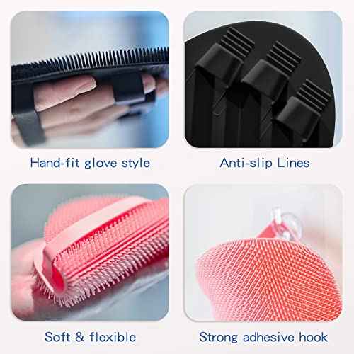 Manmihealth Silicone Back Scrubber(Thick Bristles) & Soft Bath Glove Set, Super-Exfoliating Body Scrubber & Super-Lathering Shower Brush Combination, with a Free Hook.(Black)