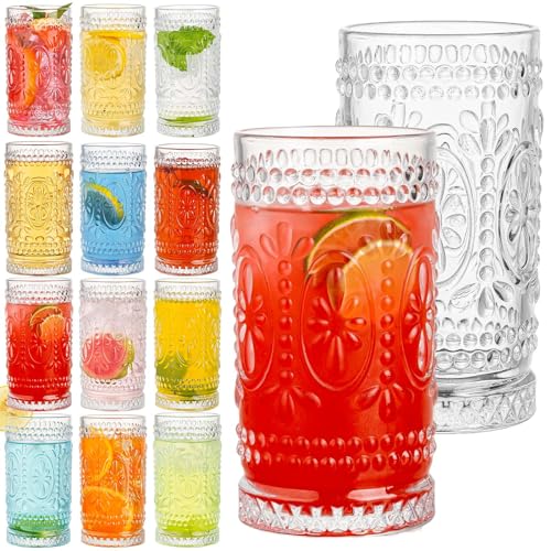 Claplante Vintage Drinking Glasses Set - 12 Pcs Romantic Highball Tumblers, 15oz Cups for Water, Mojito, Cocktail, Whiske...