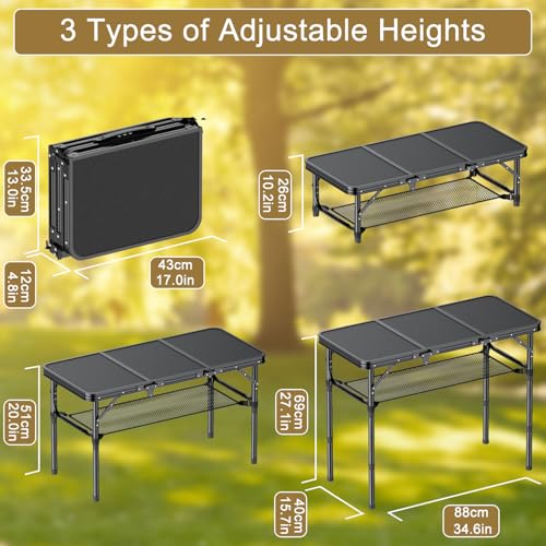 Folding Camping Table, 3 FT Folding Portable Camping Table, Outdoor&Indoor Picnic Table with 3 Adjustable Height Max 27....