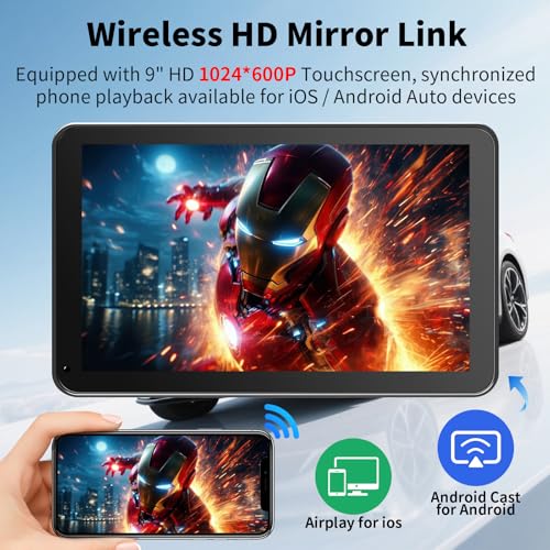 CarPlay Screen for Car, 9'' Wireless CarPlay & Android Auto - Smart Portable Touchscreen with Bluetooth/FM, Mirror Link, V...