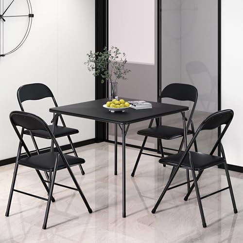 VECELO Square Folding Portable Card Table 4 Foldable Chair Sets 5PCS with Collapsible Legs & Vinyl Upholstery Padded, Meta...