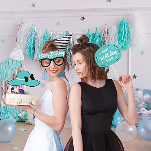 Fangleland 24PCS Turquoise Birthday Photo Booth Props, Teal Blue Happy Birthday Decorations with Forever Young Selfie Pict...