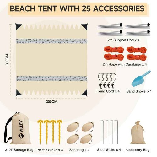 VILLEY Beach Tent Sun Shelter with UPF50+ Protection, 11×10FT Portable Sun Shade with 4 Stability Poles, 8 Ground Pegs, 4 Sandbags and Sand Shovel, Outdoor Beach Canopy for Camping Trips, Picnics