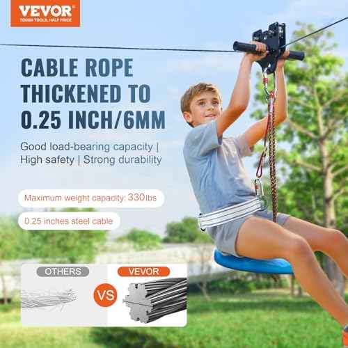 VEVOR Zip line Kits for Backyard£¬80ft Zip line Kit for Kids and Adult Up to 330 lb, Included Swing Seat, Ziplines Brake, and Steel Trolley, Outdoor Playground Equipment