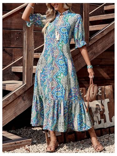 GORGLITTER Women's Paisley Print Boho Western Maxi Dress Ruffle 3/4 Sleeve Notch V Neck Vintage Ethnic Flowy Dresses