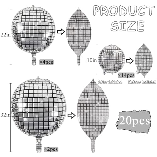 20Pcs Disco Ball Balloons Different Sizes- 4D Large Disco Balloons 32” 22” 10 Inch Assorted Round Metallic Silver Mylar Ba...