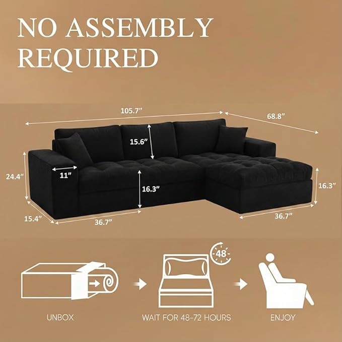 NAYA 106” Modular Sectional Sofa, Cloud Sectional Couch with Deep Seat, Modern Modular L-Shape Sofa Boneless Couch with Chaise for Living Room Bedroom (Black, Cloudy Sofa with Right Facing Chaise)