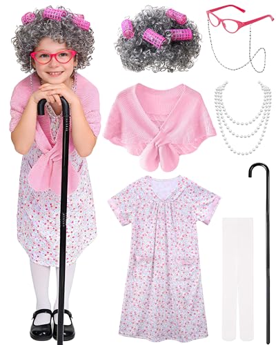 Vivrerizo Old Lady Costume for Kids - Grandma Costume for Girls 100 Days of School Funny Granny Dress Up Party Cosplay