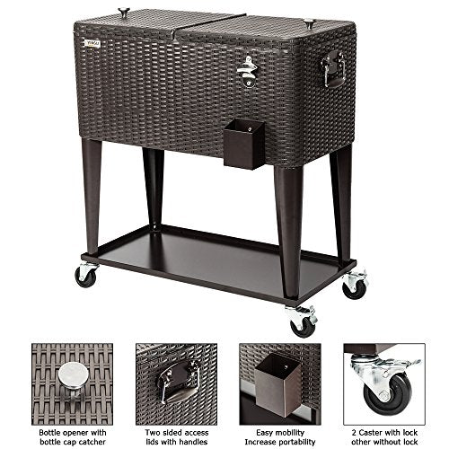 VINGLI 80 Quart Rolling Ice Chest on Wheels, Portable Patio Party Bar Drink Cooler Cart, Wicker PP Rattan with Shelf, Beve...