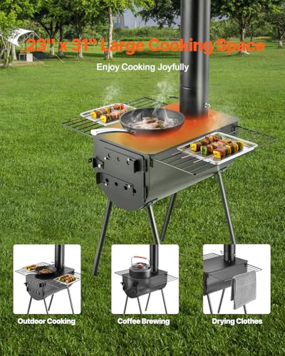 VEVOR 118" Camping Wood Stove, Portable Alloy Steel Tent Stove with 3000in³ Firebox, Outdoor Heating & Cooking Stove with ...