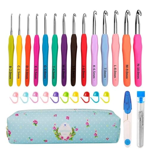 Yarniss Crochet Hooks,14 Size Crochet Set 2mm(B)-10mm(N), Ergonomic Crochet Hooks Set with Case for Beginner,Long Crochet ...