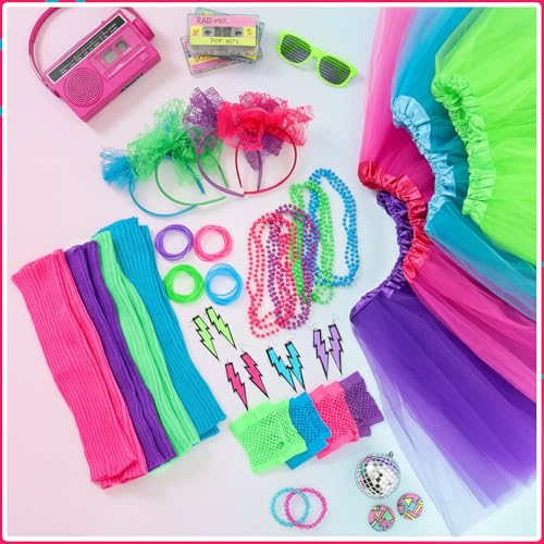 Panitay 28 Pcs 80s Costume Accessories for Women Gloves Necklaces Headbands Bracelets Socks Earrings Skirt for Halloween C...