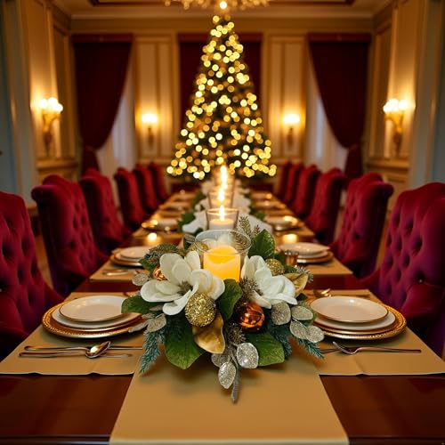 18" Centerpiece with Flameless LED Candle Holder, Design with White Artificial Magnolia, Gold Baubles & Spruce Branches fo...