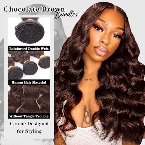 Bundles Human Hair Chocolate Brown Loose Wave Human Hair Bundles 14 16 18 Inch 12A 100% Unprocessed Brazilian Virgin Hair Loose Deep Wave 3 Bundles Remy Human Hair Extension 4# Color