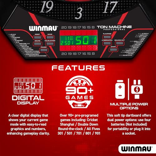 Winmau Ton Machine Electronic Dart Board - Soft Tip Dartboard for Adults, Dart Board Set with 90+ Games & Digital Scoreboard for 8 Players - 2 Sets of Soft Tip Darts, Throwing Line & Plastic Tips
