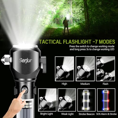 Serjur Rechargeable Solar Powered Flashlight,Multi Function LED Tactical Flashlight with Glass Breaker,Seatbelt Cutter,Ala...