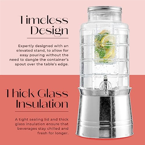 Style Setter Patchwork Beverage Dispenser Cold Drink Dispenser w/ 2.4-Gallon Capacity Glass Jug, Ice Insert, Fruit Infuse...