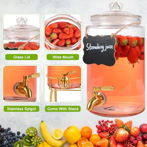Drink Dispensers for Parties,2 Pack 1 Gallon Beverage Dispenser with Stand,Drink Dispenser With Glass Lid and Stainless St...