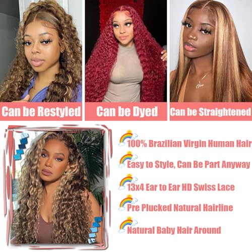 Highlight Ombre 13x4 HD Deep Wave Lace Front Wigs Human Hair 180% Density Honey Blonde Wig Human Hair Pre Plucked 4/27 Lace Frontal Wigs 24 Inch