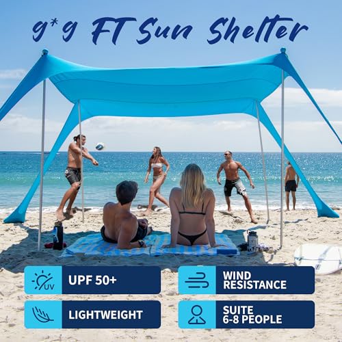 AMMSUN Beach Tent Portable Sun Shelter,9X 9ft Beach Canopy Easy Setup, 9'x9'Lycra Sun Shelter with UPF50+ Protection 4 San...