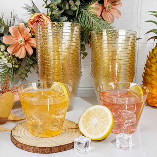 I00000 100pcs Gold Plastic Cups - 9 OZ Hard Gold Glitter Disposable Cups for Cocktail And Drinking - Premium Disposable Pl...