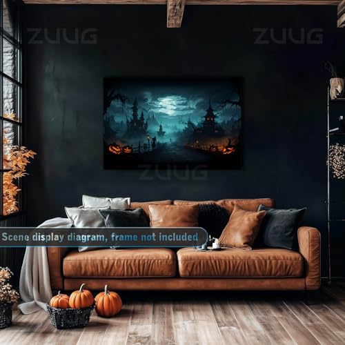 Fantasy horror Halloween canvas painting Gothic style fantasy dark haunted mansion wall decoration glowing pumpkin lantern twisted dead tree moonlight castle suitable for porch audio visual room