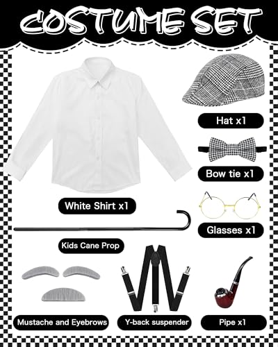 Vivrerizo Old Man Costume for Kids - 8 Pcs 100 Days of School Costume for Boys Grandpa Outfit Dress Up Cosplay