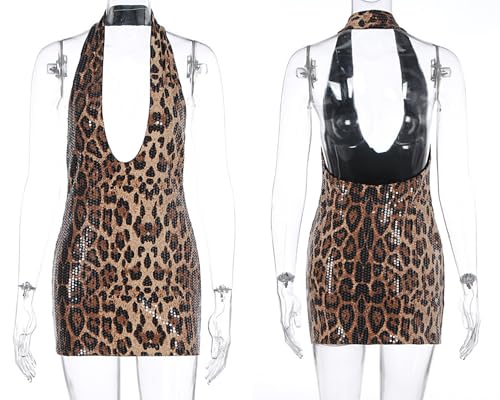 Women's Glitter Sequin Leopard Print Mini Dress Sexy Sleeveless Spaghetti Strap Bodycon Short Dress Party Club Dress