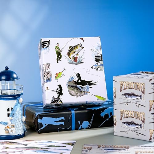 WRAPAHOLIC Fishing Wrapping Paper Sheet - 12 Sheets Folded Flat - Adventure Fishing and Fishhook 4 Design for Angler Fish ...