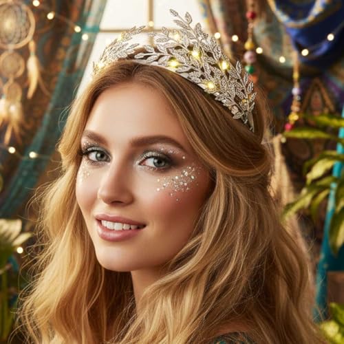 DRESBE Light Up Leaf Headband LED Greek Goddess Headbands Glow Roman Toga Hair Accessories for Women (Silver)