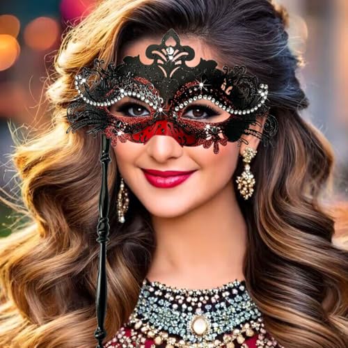 WILOVCOS Womens Masquerade Mask with Stick, Handheld Mardi Gras Mask,Venetian Party Masks