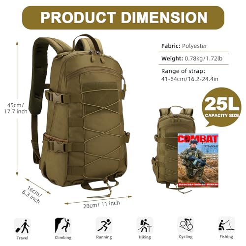 25L Hiking Backpack Small Tactical Backpack Daypack Camping Trekking Hunting Molle Pack for Men Women, Khaki