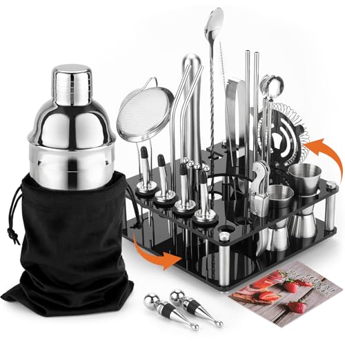 KINGROW Cocktail Shaker Set 29-Piece Bartender Kit with Rotating Stand | Bar Set Drink Mixer Set with All Essential Access...