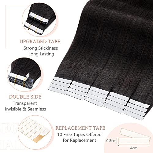 SEGO Tape in Hair Extensions Human Hair 20 Inch Natural Black 40pcs 100g Straight Natural 100% Remy Rooted Seamless Skin Weft Invisible Double Sided Tape Hair for Women
