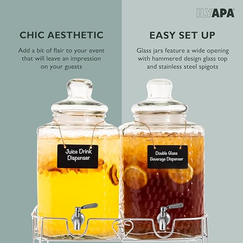 Ilyapa Double Glass Beverage Dispenser with Stand - 2 Gallon Large Drink Dispensers for Ice Water, Lemonade, Juice, Sangri...