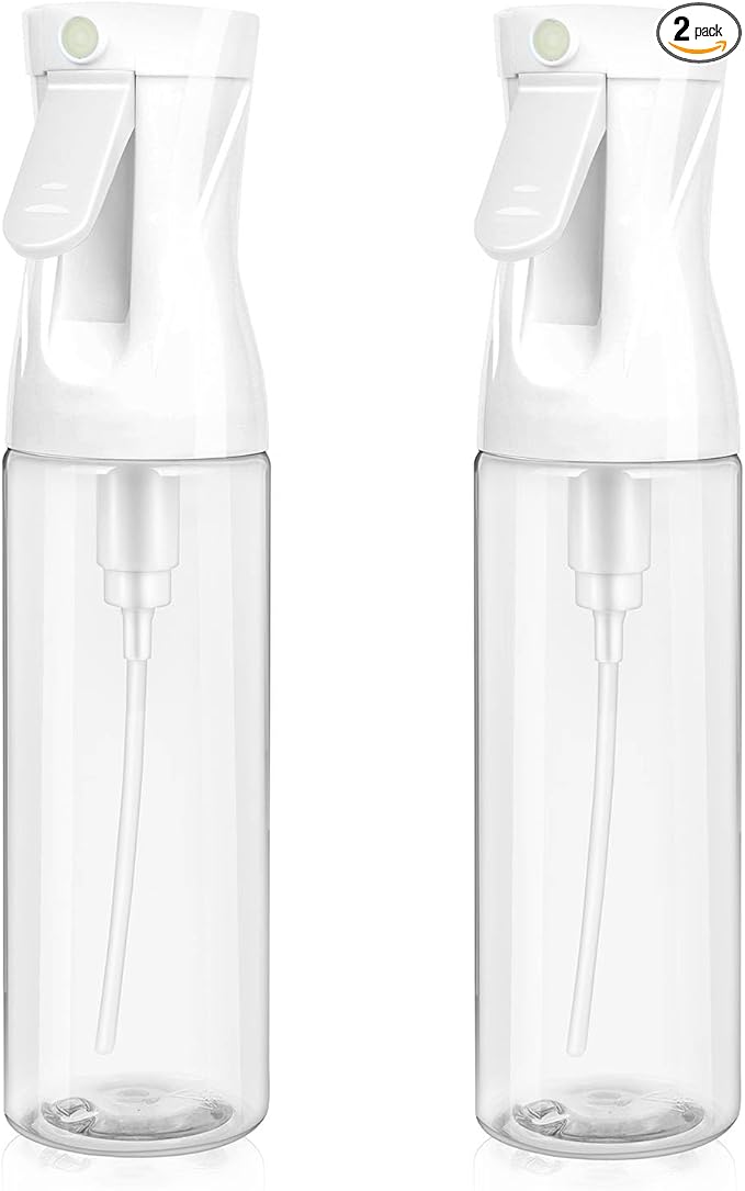2-Pack Continuous Fine Mist Spray Bottle for Hair - Patented Ultra-Fine Mist for Hairstyling, Cleaning, Plants, and More - BPA-Free, Leak-Proof, 360° Spray, Durable - White (300 ml/10.1oz)